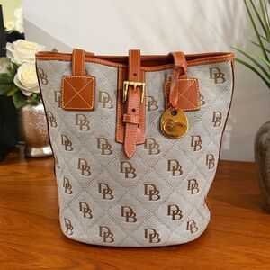 Vintage Dooney & Bourke Signature Monogram Bucket Shoulder Bag with Tan Leather